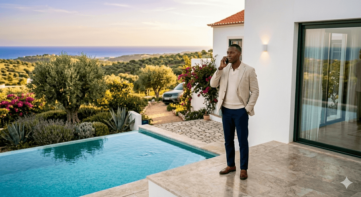 Client on phone managing mortgage from Algarve villa
